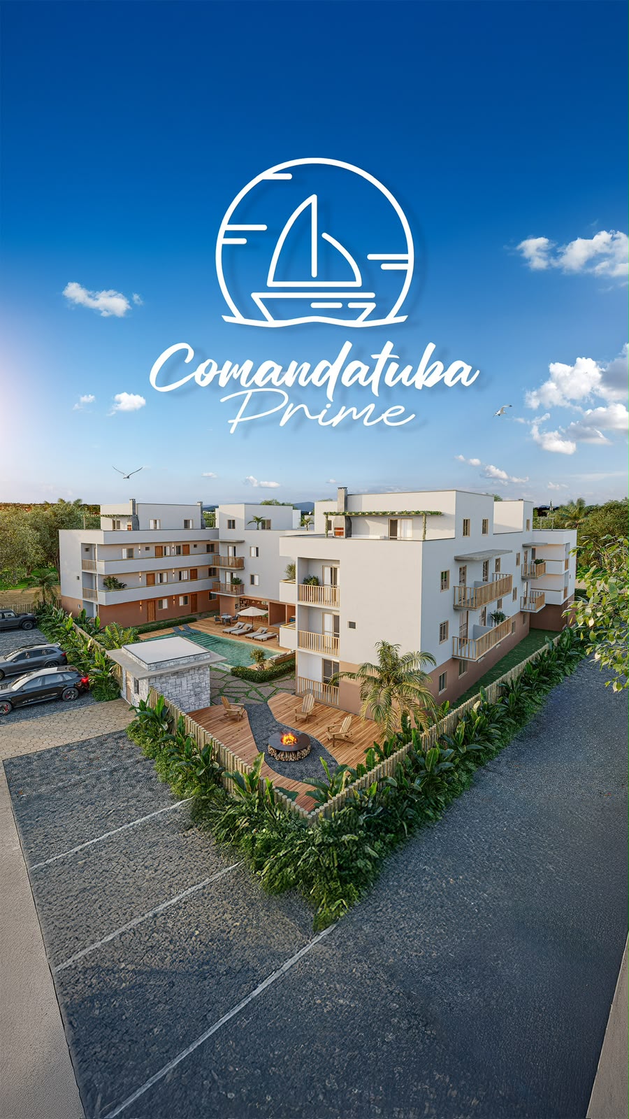 Vista aérea do Comandatuba Prime com piscina e área externa